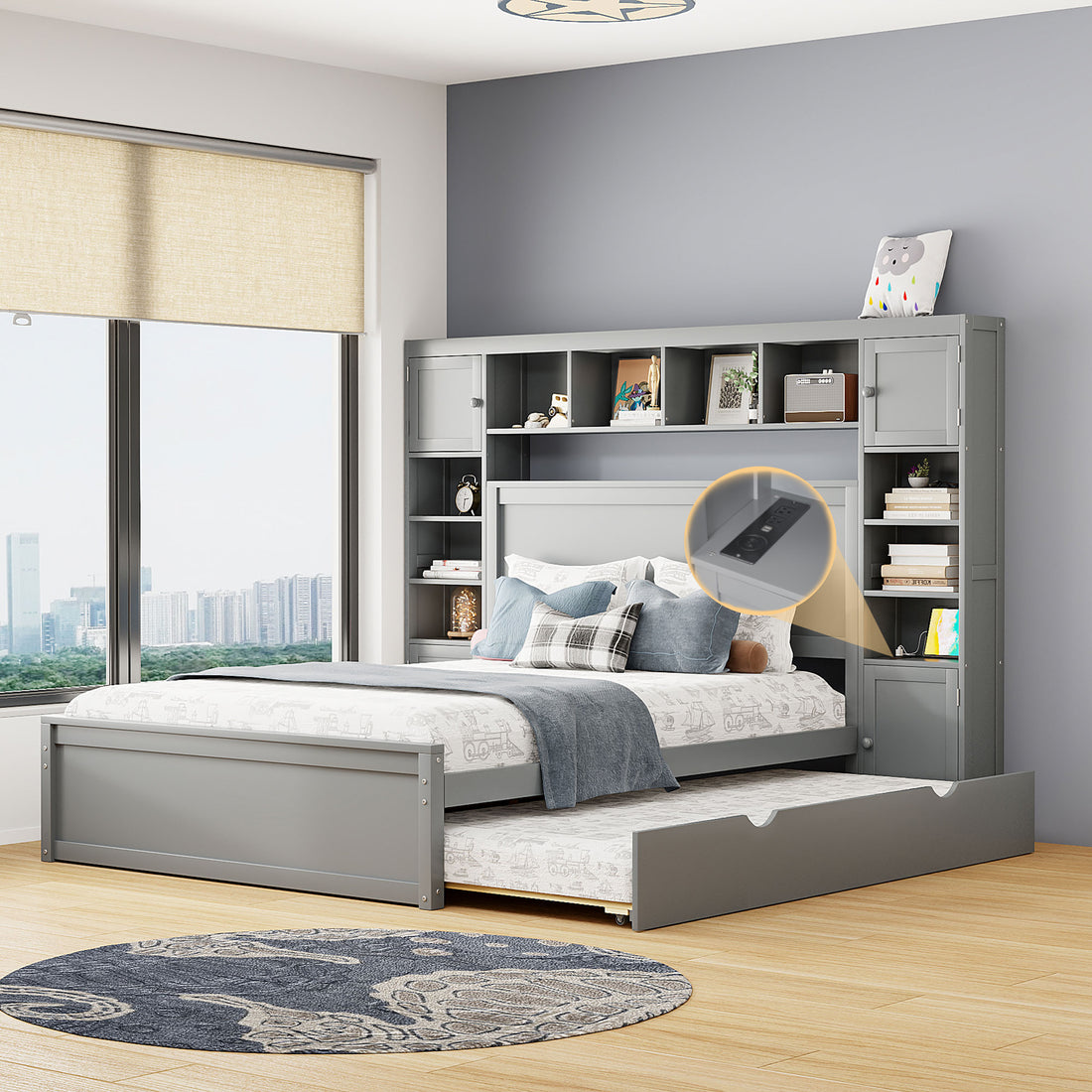 Queen Size Wooden Bed With All In One Cabinet, Shelf And Sockets,Twin Xl Trundle, Gray Queen Gray Solid Wood