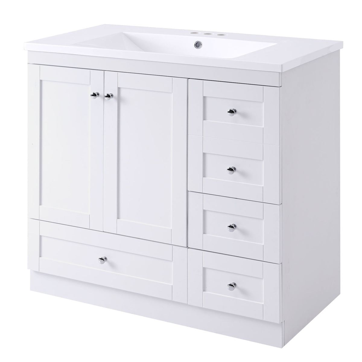 Video 36 Inch Shaker Style Free Standing Bathroom Vanity Cabinet With Sink, 4 Soft Close Drawers And 2 Soft Close Doors White Mdf