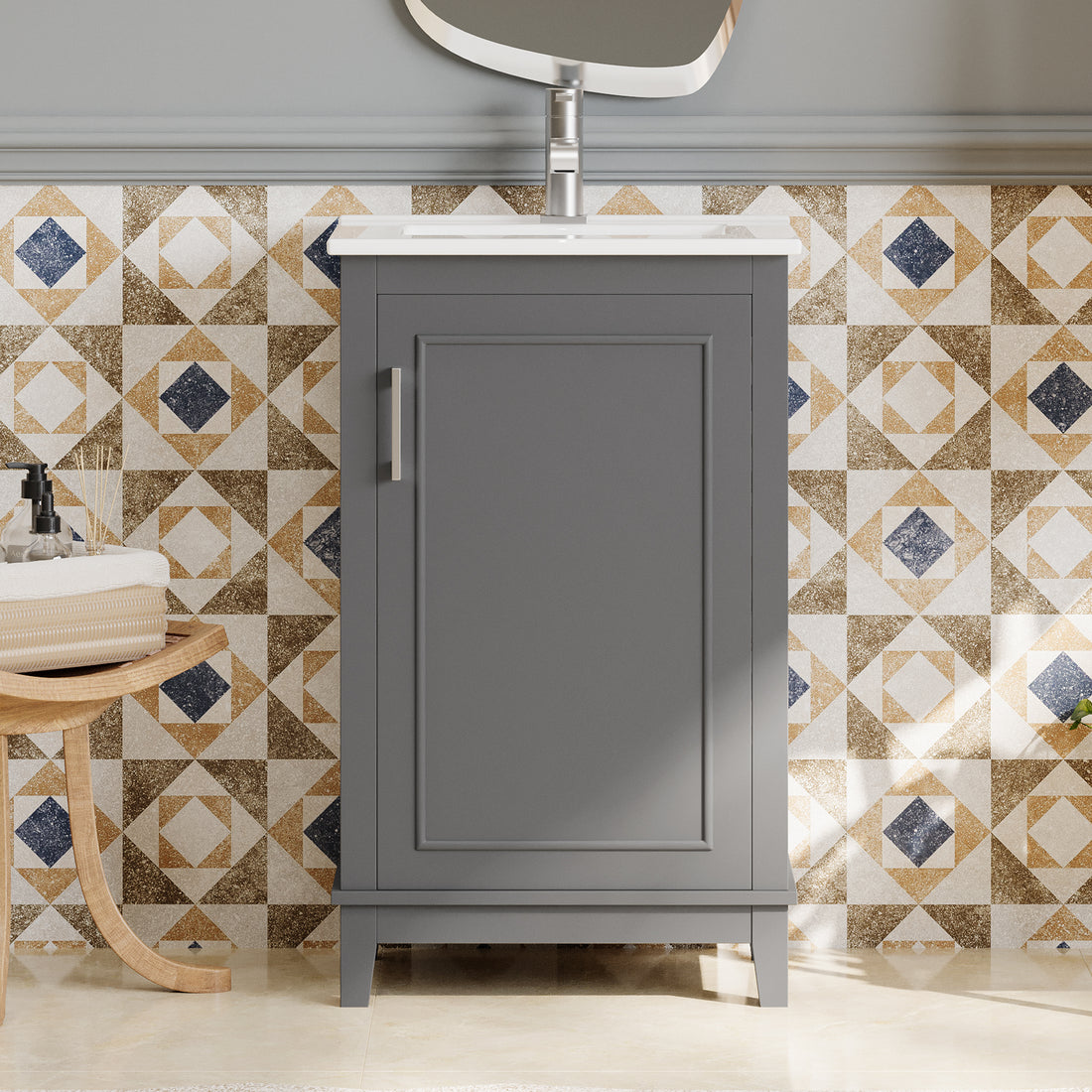 Viedo 20 Inch Modern Small Bathroom Vanity Cabinet With Ceramic Basin 20*15.5*33.3 Inches,Ample Storage,1 Soft Close Door Gray Solid Wood Mdf