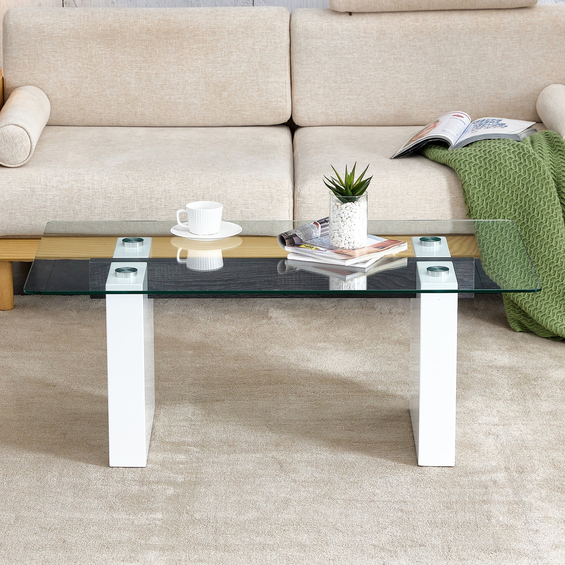 Modern Minimalist Transparent Tempered Glass Coffee Tablepaired With White Mdf Decorative Columns. Computer Desk. Game Table. Ct 1546 Transparent Glass