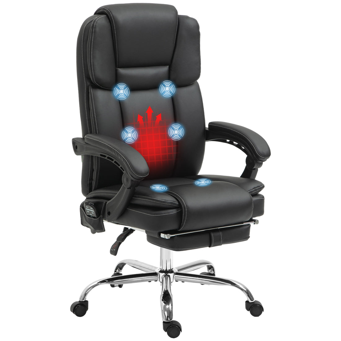 Vinsetto Massage Office Chair With 6 Vibration Points, Heated Reclining Pu Leather Computer Chair With Adjustable Height, Footrest, Black Black Pu Leather