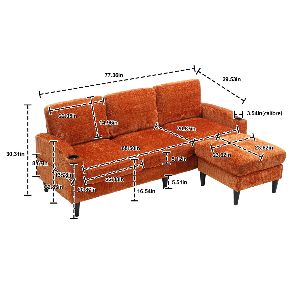 United Storage Sofa Living Room Sofa Cozy Sectional Sofa Orange Polyester 3 Seat