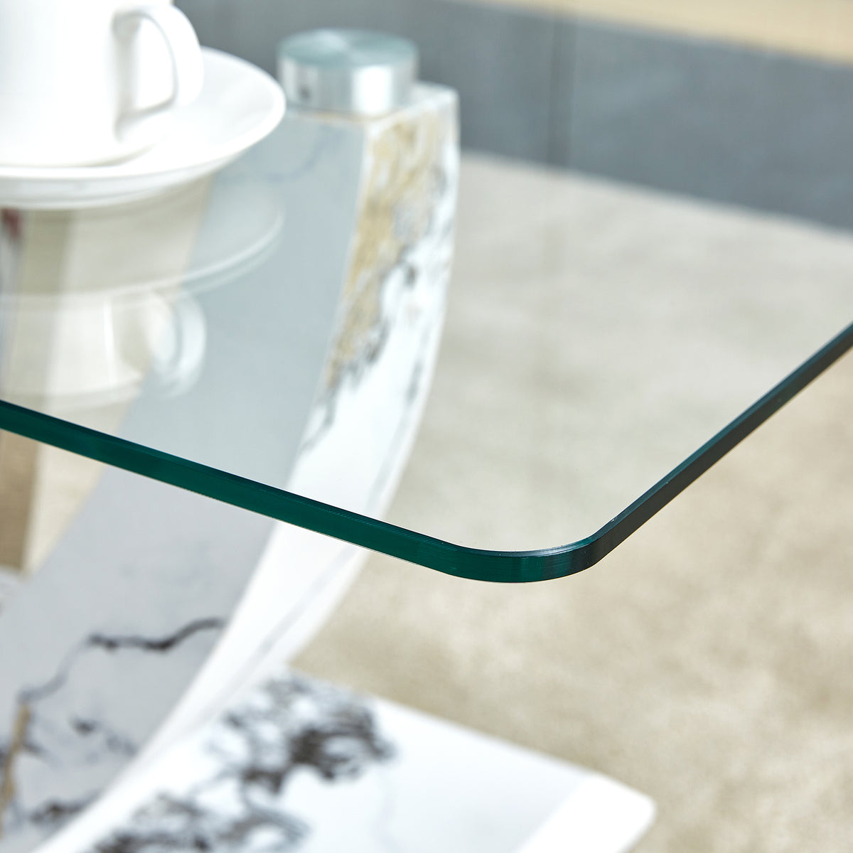 Modern Minimalist Transparent Tempered Glass Coffee Table With Marble Patterned Mdf Legs And Stainless Steel Decorative Columns. Computer Desk. Game Table. Ct 907 Transparent Mdf Glass