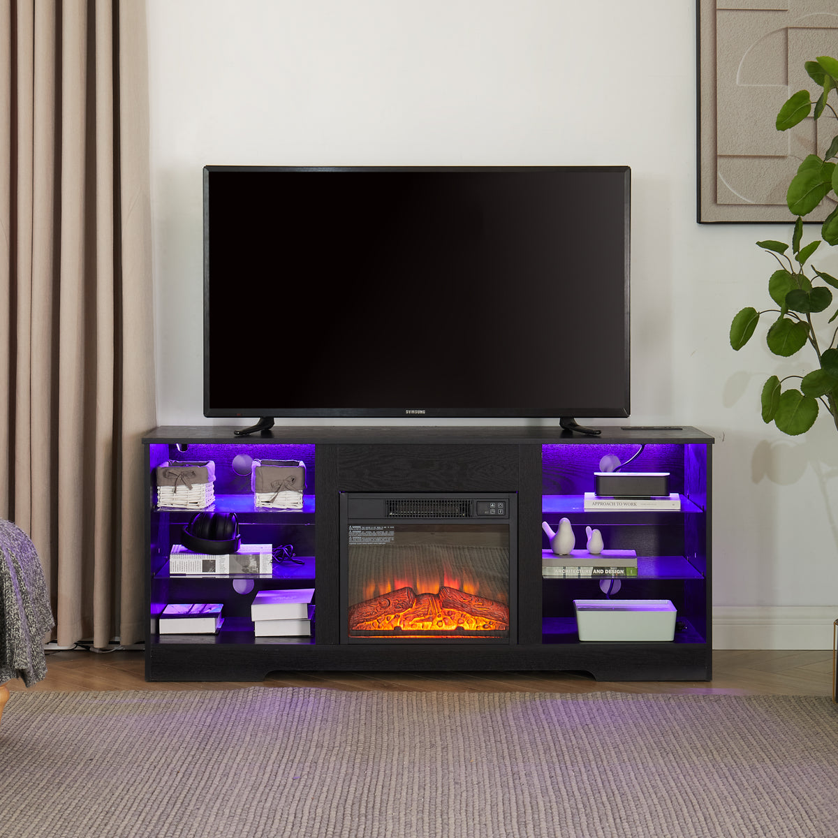 Tv Stand Electric Fireplace Tv Stand With Glass Shelves, 3D Fireplace Tv Stand With Led Lights Wood With Usb Charging Outlet Modern Television Table Center For Tv Up To 32 62" Black 58''W*15.5''D*24.4 Black 50 59 Inches Mdf
