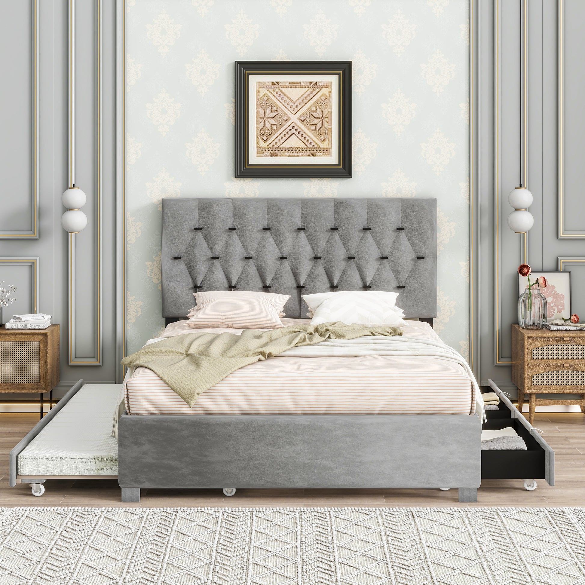 Gray Queen Size Trundle Pull Out Drawers Storage Upholstered Bed Modern Design No Box Spring Required Box Spring Not Required Queen Gray Wood Espresso Bedroom American Design,Casual,Contemporary,Modern Rubberwood Trundle Bed Included Fiber Foam And