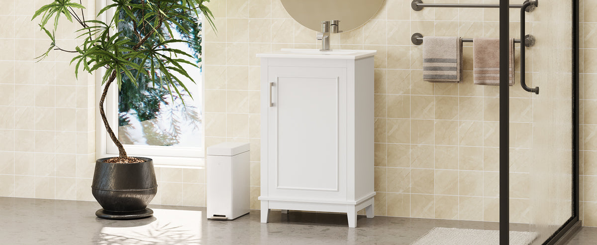 Viedo 20 Inch Modern Small Bathroom Vanity Cabinet With Ceramic Basin 20*15.5*33.3 Inches,Ample Storage,1 Soft Close Door White Solid Wood Mdf