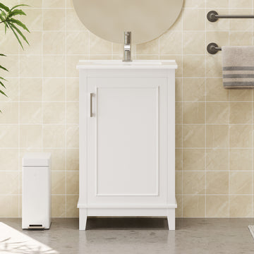 Viedo 20 Inch Modern Small Bathroom Vanity Cabinet With Ceramic Basin 20*15.5*33.3 Inches,Ample Storage,1 Soft Close Door White Solid Wood Mdf