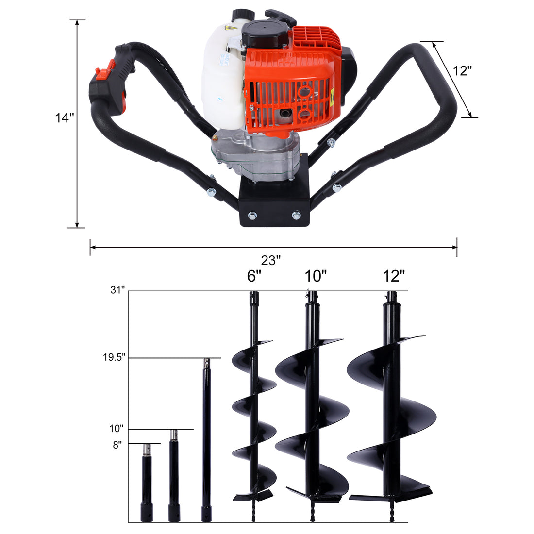 V Type 52Cc 2 Stroke Gas Post Hole Digger One Man Auger Epa Machine Plant Soil Digging Fence Withhole Digger Replacement Auger Bits L6" L10" L12" Drill Bits Ext Rod Kits Black Steel