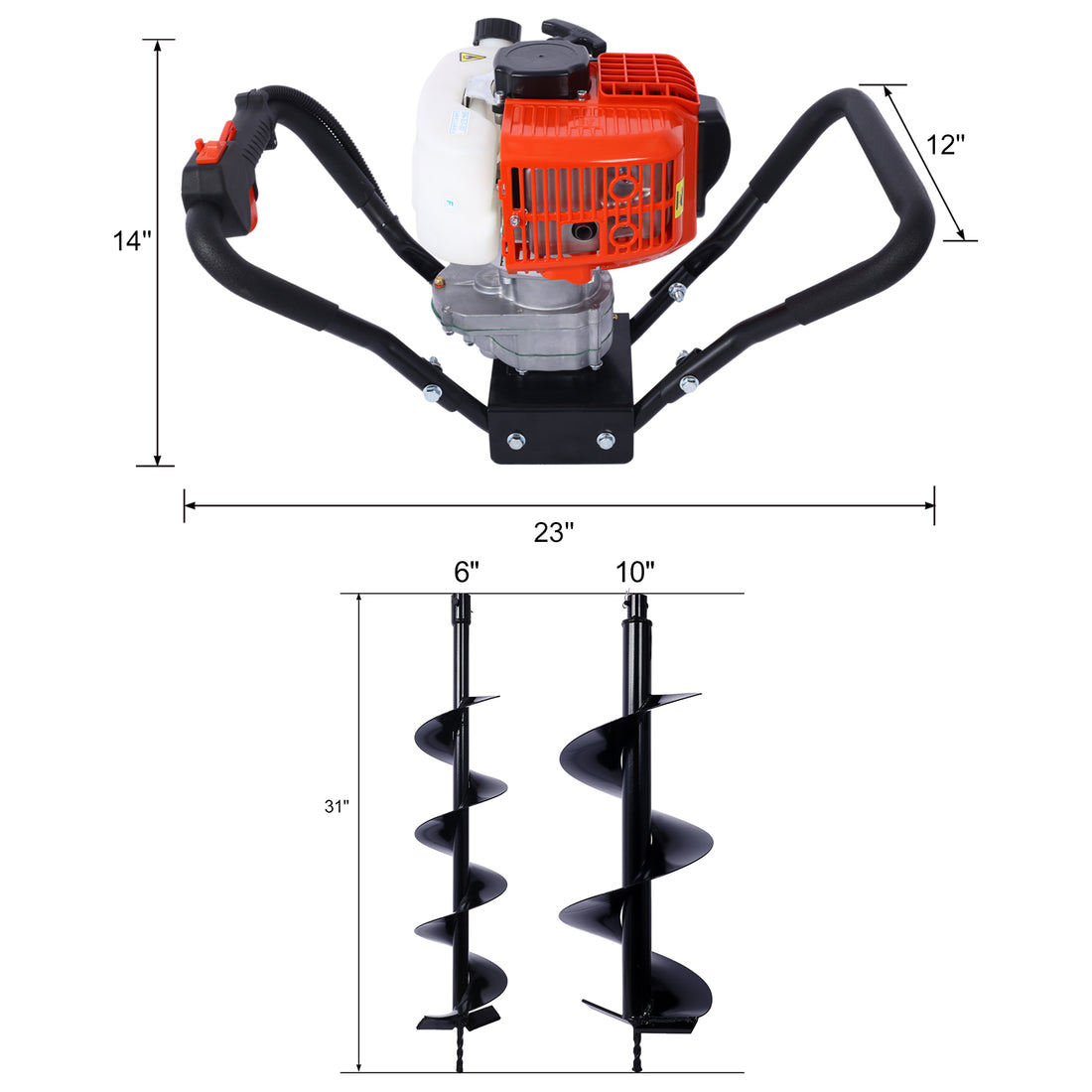 V Type 52Cc 2 Stroke Gas Post Hole Digger One Man Auger Epa Machine Plant Soil Digging Fence Withhole Digger Replacement Auger Bits L6" L10" Drill Bits Black Steel
