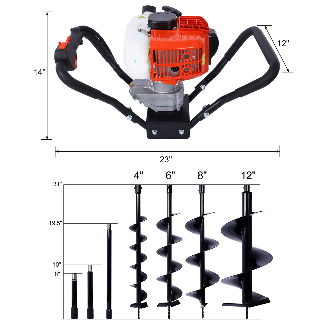 V Type 52Cc 2 Stroke Gas Post Hole Digger One Man Auger Epa Machine Plant Soil Digging Fence Withhole Digger Replacement Auger Bits L4" L6" L8" L12" Drill Bits Ext Rod Kits Black Steel