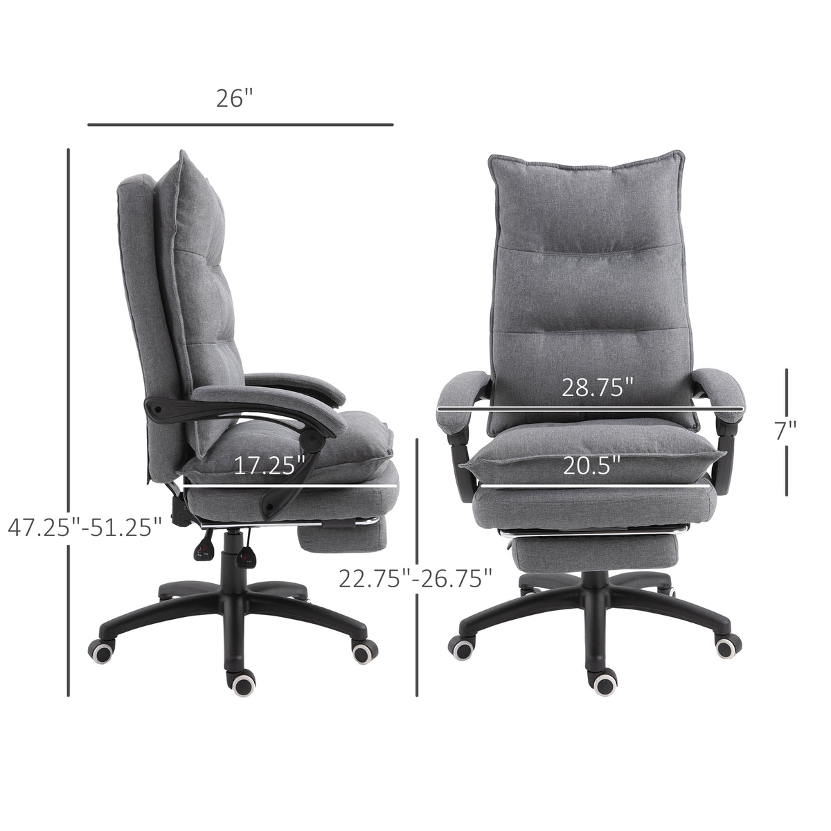 Vinsetto 360 Swivel Executive Home Office Chair Adjustable Height Linen Style Fabric Recliner With Retractable Footrest And Double Padding, Grey Gray Fabric