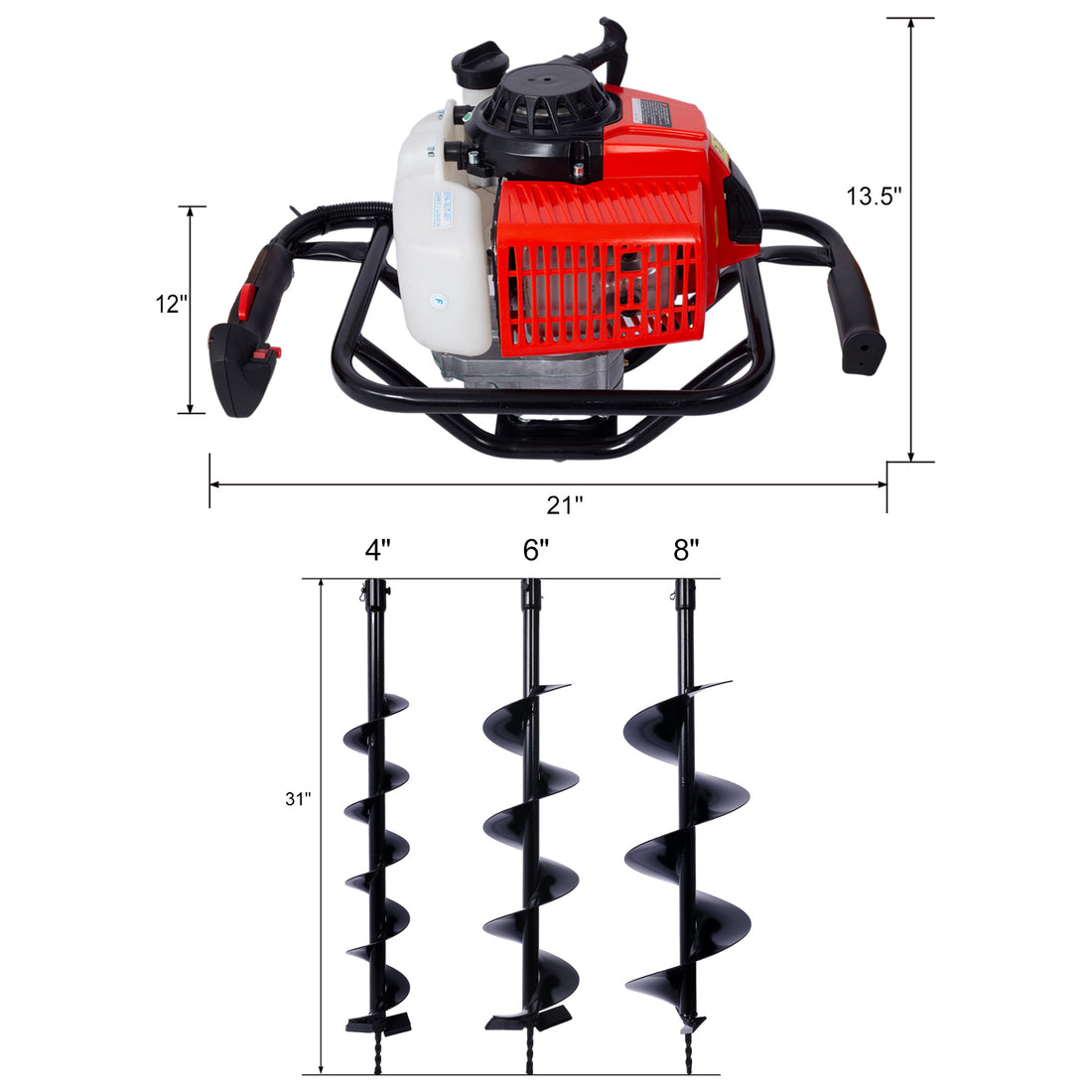 2.7Hp Post Hole Digger 63Cc Gas Powered 2 Stroke Auger Digging Drill Shaft Size 3 4" ,Epa Certificated With L4" L6" L8" Drill Bits Black Steel