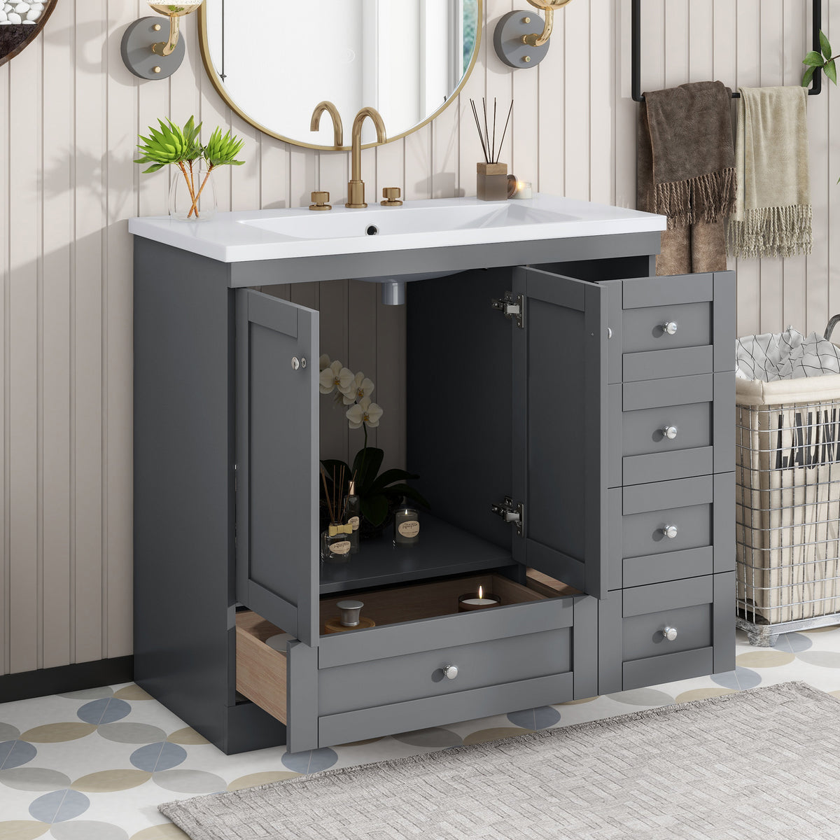 Video 36 Inch Shaker Style Free Standing Bathroom Vanity Cabinet With Sink, 4 Soft Close Drawers And 2 Soft Close Doors Gray Mdf