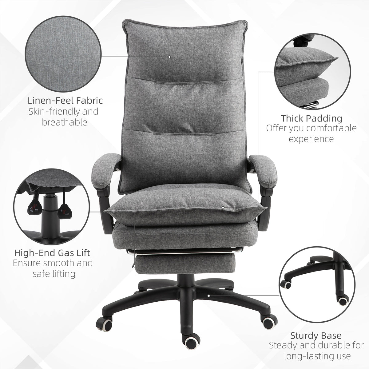 Vinsetto 360 Swivel Executive Home Office Chair Adjustable Height Linen Style Fabric Recliner With Retractable Footrest And Double Padding, Grey Gray Fabric