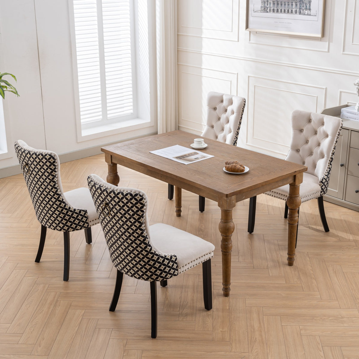 Classic Velvet Dining Chairs, High End Tufted Solid Wood Contemporary Velvet Upholstered Dining Chair With Wood Legs Nailhead, Set Of 2,Beige And Patterned,Sw2201Bg Beige Dining Room American Design Rubberwood Set Of 2 Foam Velvet