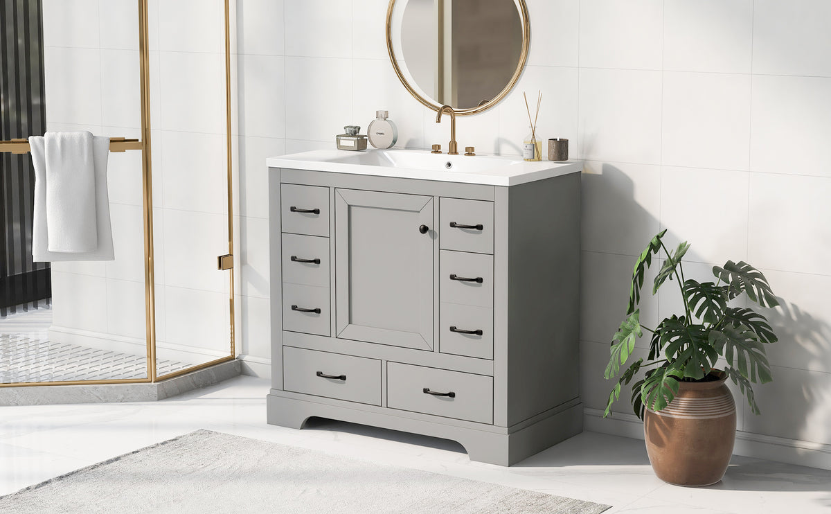 36" Bathroom Vanity With Sink Combo, Six Drawers, Multi Functional Drawer Divider, Adjustable Shelf, Grey Old Sku:Sy999808Aae Grey Solid Wood Mdf