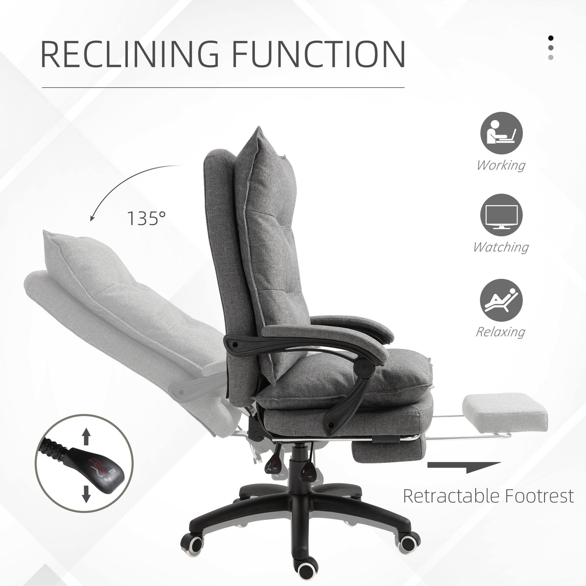 Vinsetto 360 Swivel Executive Home Office Chair Adjustable Height Linen Style Fabric Recliner With Retractable Footrest And Double Padding, Grey Gray Fabric