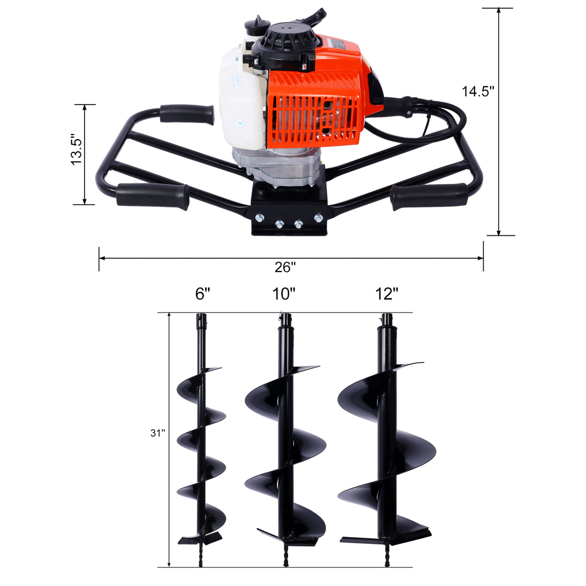 2.7Hp Post Hole Digger 63Cc Two Person Handle Gas Powered 2 Stroke Auger Digging Drill Shaft Size 3 4" Machine Only Epa Complaint With L6" L10" L12" Drill Bits Black Steel