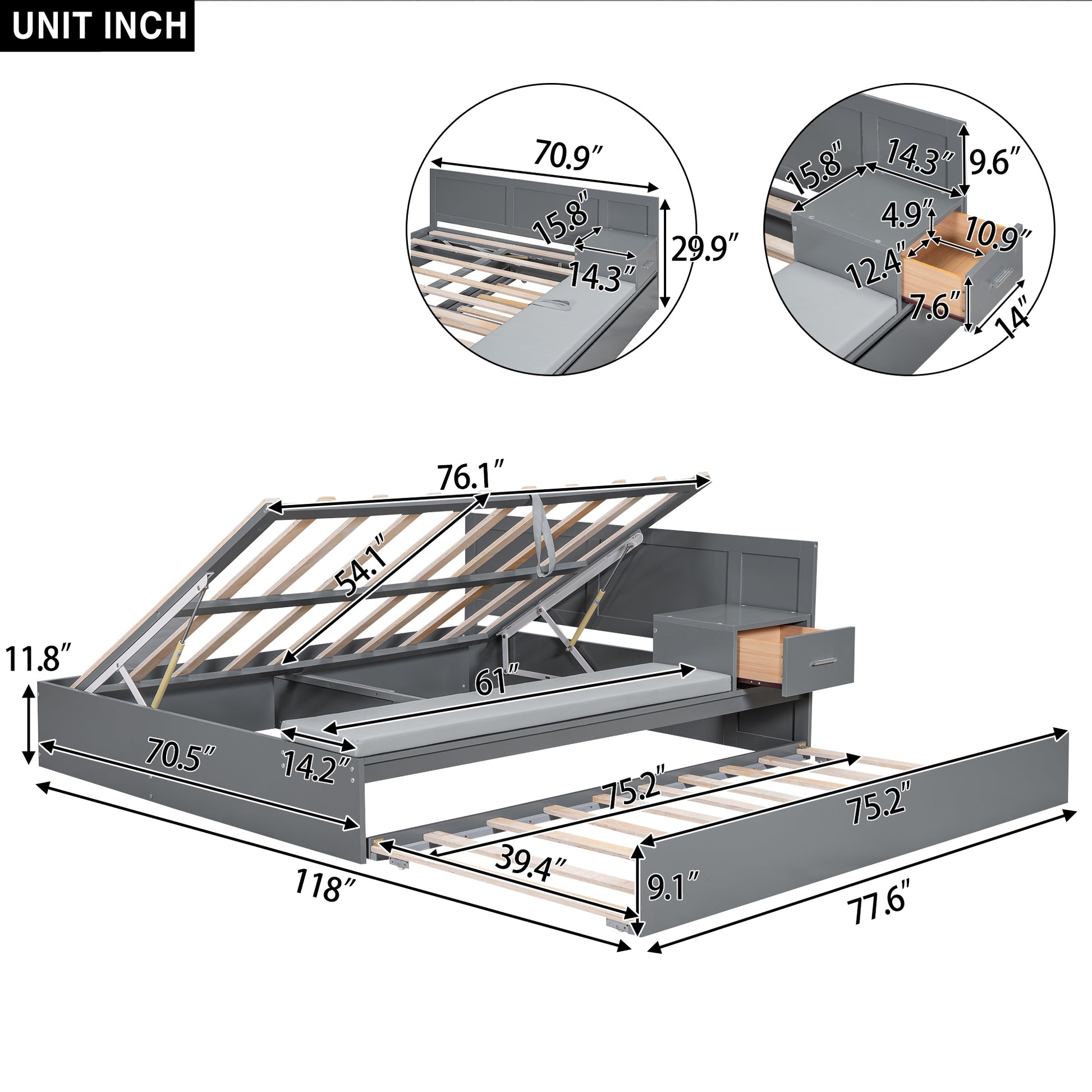 Full Size Wood Storage Hydraulic Platform Bed With Twin Size Trundle, Side Table And Lounge, Gray Box Spring Not Required Full Gray Wood Bedroom Bed Frame Solid Wood Mdf
