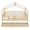 Full Size Wooden House Bed With Two Drawers, Natural Box Spring Not Required Full Natural Wood Bedroom Pine Bed Frame Wood