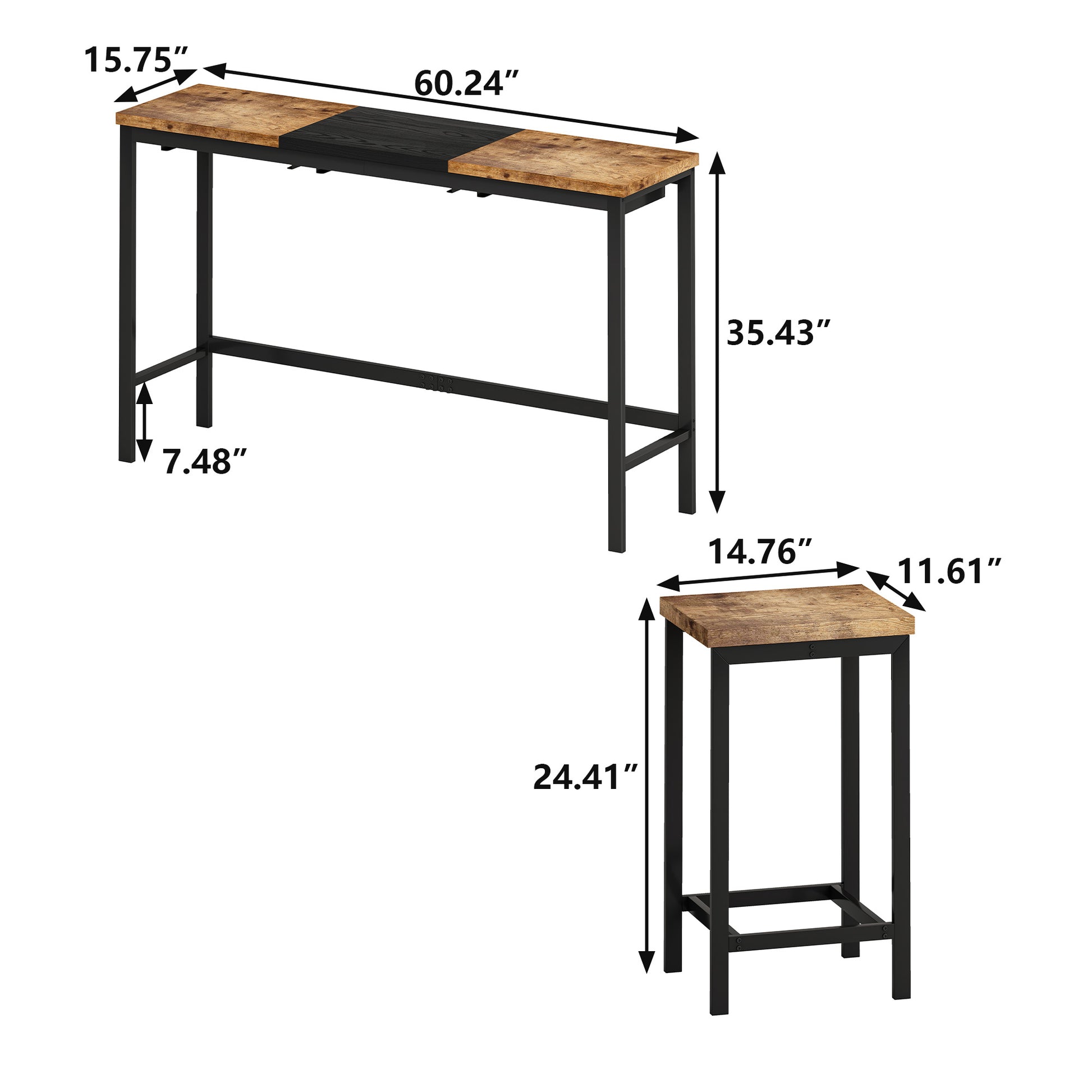 Modern Design Kitchen Dining Table, Pub Table, Long Dining Table Set With 3 Stools, Convenient Hanging Stool Design, Natural Black Natural Black Desk And Chair Set Mdf Metal