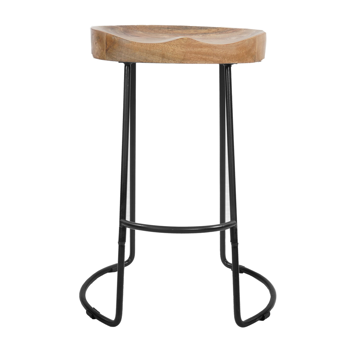 Ela 24 Inch Counter Height Stool, Mango Wood Saddle Seat, Iron Frame, Brown And Black Black Brown Metal & Wood