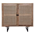 35 Inch Handcrafted Accent Cabinet With 2 Mesh Rattan Doors, Black Iron Legs, Natural Brown Mango Wood Frame Black Brown Wood Rattan