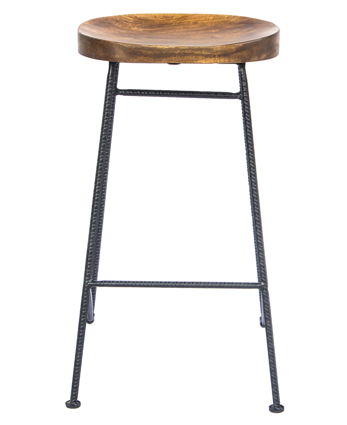 28 Inch Bar Stool With Mango Wood Saddle Seat, Iron Rod Legs, Brown And Black Black Brown Metal & Wood
