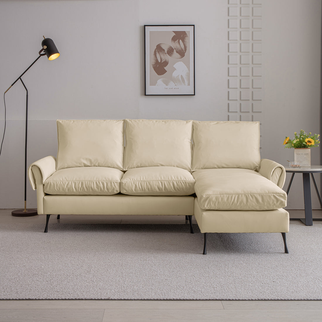 81"Modern Sectional Technical Leather L Shaped Sofa Couch With Reversible Chaise Lounge Beige Modern Foam Technical Leather