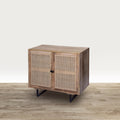 35 Inch Handcrafted Accent Cabinet With 2 Mesh Rattan Doors, Black Iron Legs, Natural Brown Mango Wood Frame Black Brown Wood Rattan