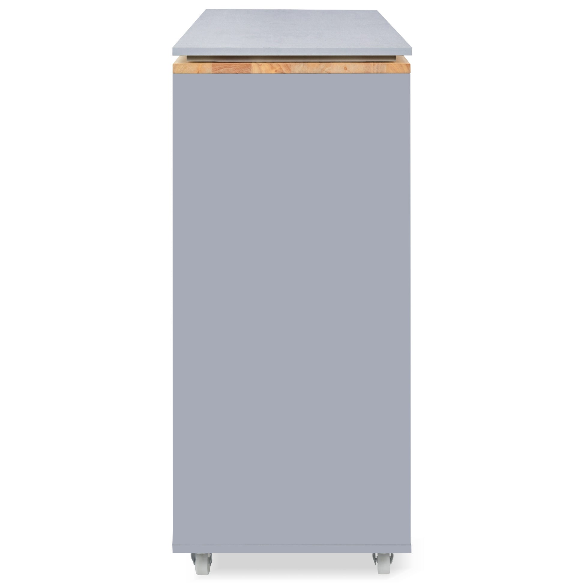 K&K Rolling Kitchen Island With Extended Table, Kitchen Island On Wheels With Led Lights,Power Outlets And 2 Fluted Glass Doors, Kitchen Island With A Storage Compartment And Side 3 Open Shelves, Grey Grey Blue Kitchen Classic,European,Modern Rectangular