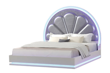 Perla Queen Size Led Bed Made With Wood In Milky White Box Spring Not Required Queen White Wood Bedroom Contemporary,Modern Slat Beds Solid Wood Mdf Wood