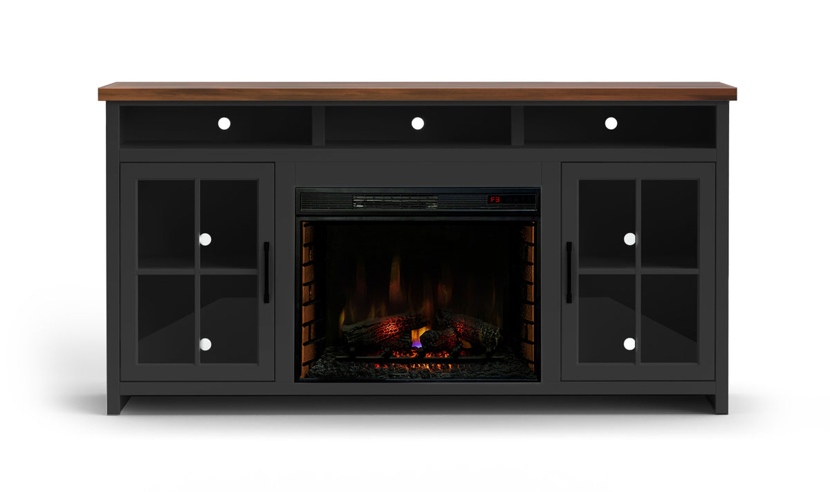Essex 74 Inch Fireplace Tv Stand Console For Tvs Up To 85 Inches, Minimal Assembly, Black And Whiskey Finish Up To 40 Electric No Black 400 Vent Free Primary Living Space Coastal,Farmhouse Poplar Yes Insert Wood Electric