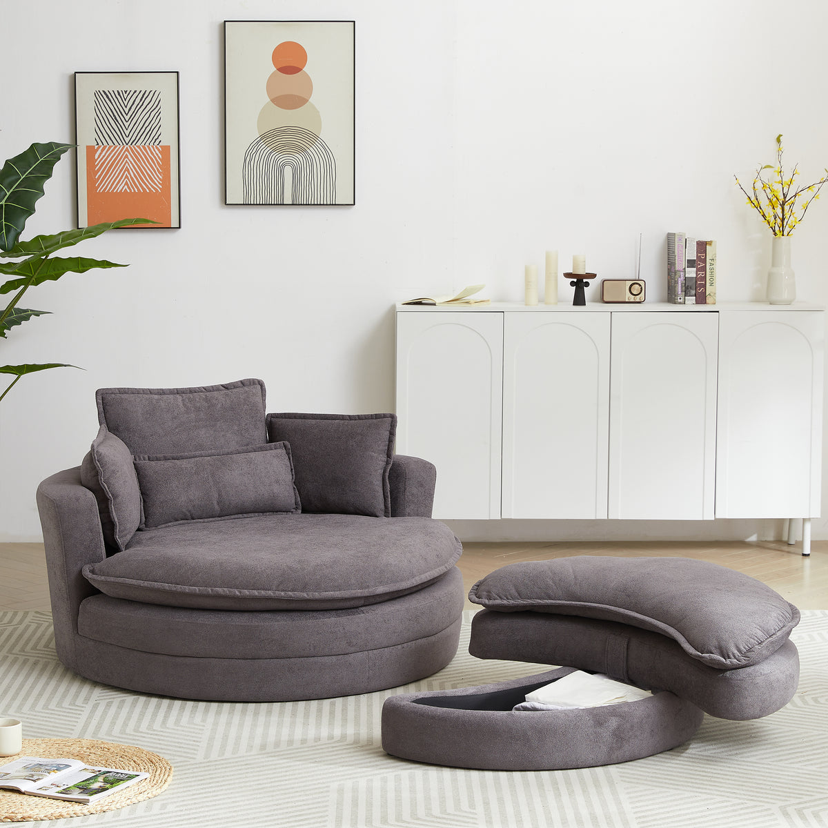 52' Swivel Accent Barrel Modern Grey Sofa Lounge Club Big Round Chair With Storage Ottoman Chenille Fabric For Living Room Hotel With 4 Pillows Grey Foam Chenille