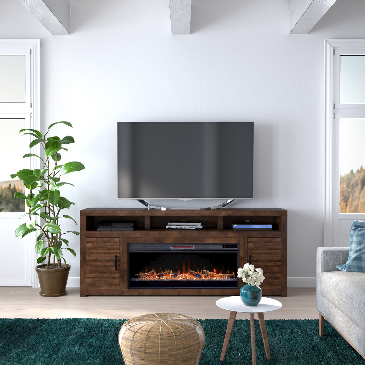 Sausalito 78 Inch Electric Fireplace Tv Stand Console For Tvs Up To 95 Inches, Minimal Assembly, Whiskey Finish Electric Brown Primary Living Space Alder Yes Insert Electric 41 50 No Brown 400 Vent Free Lodge,Modern,Rustic,Transitional Wood