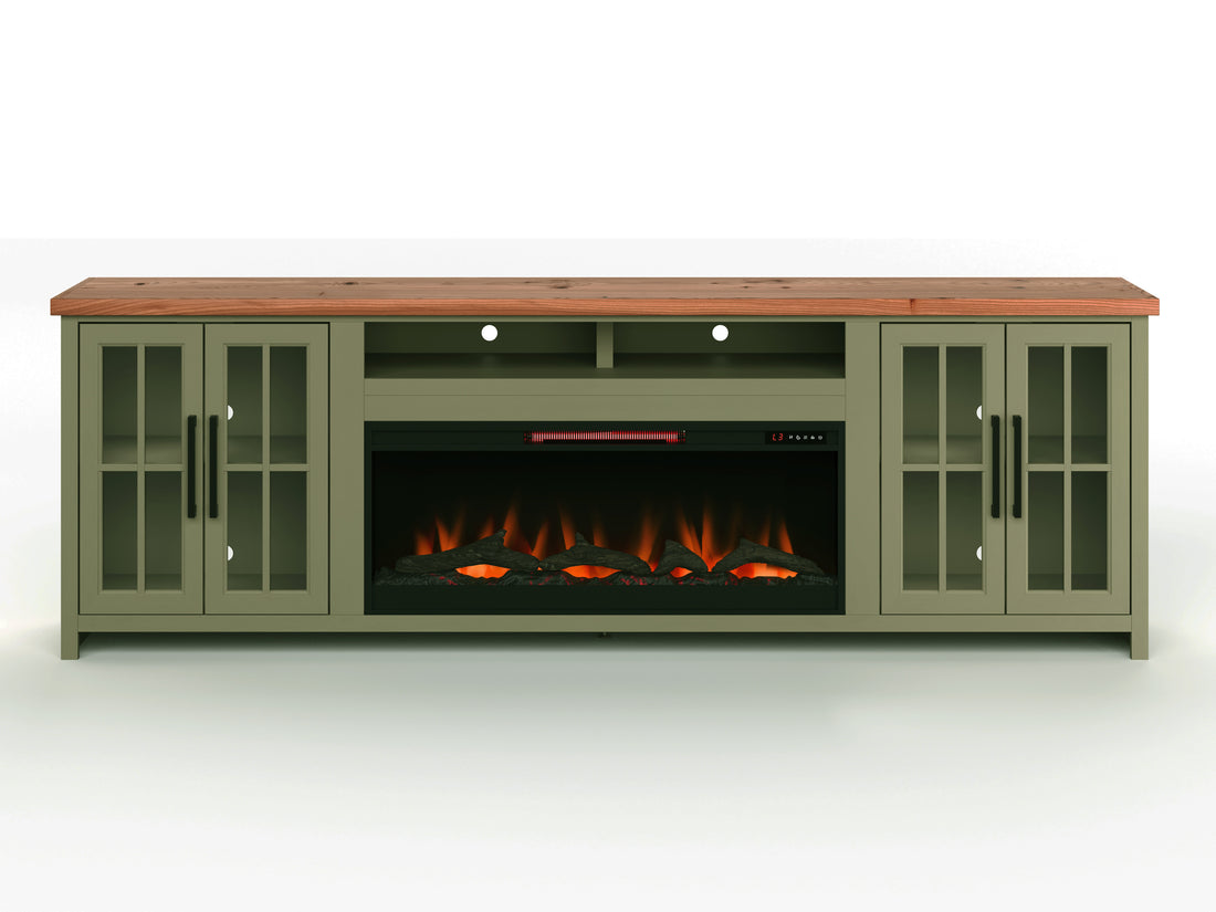 Vineyard 97 Inch Fireplace Tv Stand Console For Tvs Up To 100 Inches, Minimal Assembly, Sage Green And Fruitwood Finish 41 50 Electric No Green 400 Vent Free Primary Living Space Coastal,Farmhouse Poplar Yes Insert Wood Electric