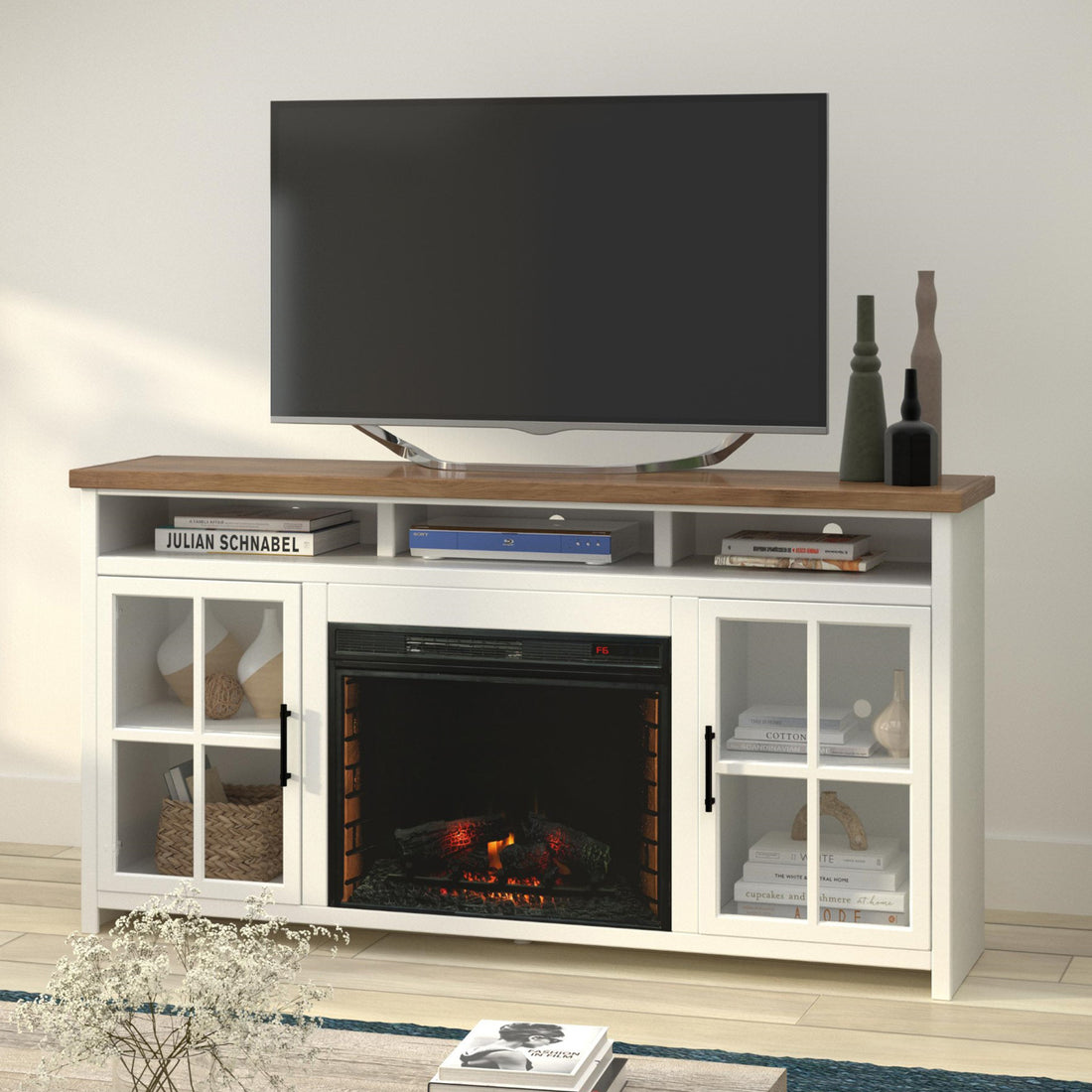 Hampton 74 Inch Fireplace Tv Stand Console For Tvs Up To 85 Inches, Minimal Assembly, Jasmine Whitewash And Barnwood Finish Electric White Primary Living Space Poplar Yes Insert Electric Up To 40 No White 400 Vent Free Coastal,Farmhouse Wood