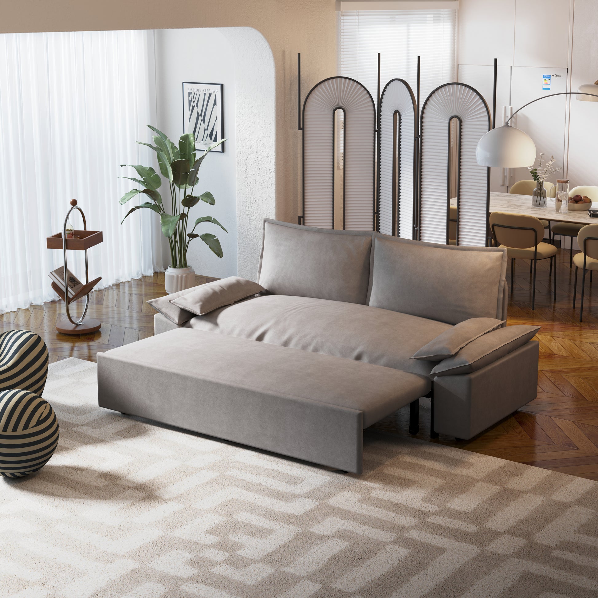 70.1" Queen Pull Out Sofa Bed, 3 In 1 Convertible Sleeper Sofa With 2 Soft Pillows,Multi Functional Velvet Loveseat Bed,Grey Old Sku:W1885P143788 Grey Velvet 2 Seat