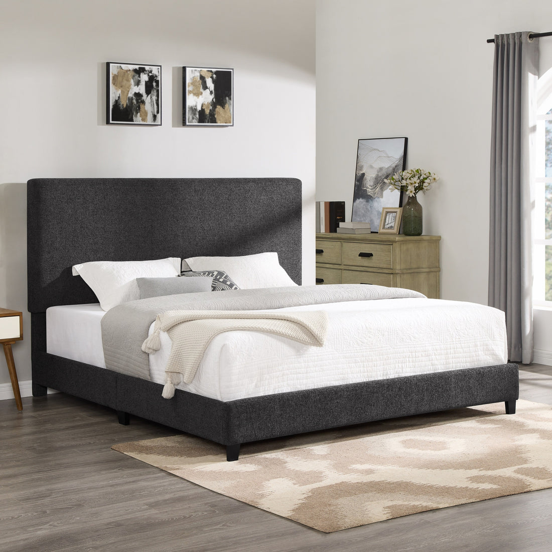 King Size Charcoal Grey Upholstered Platform Bed Box Spring Required King Grey Wood Bedroom Contemporary,Modern,Transitional Bed Frame Foam Polyester Polyester