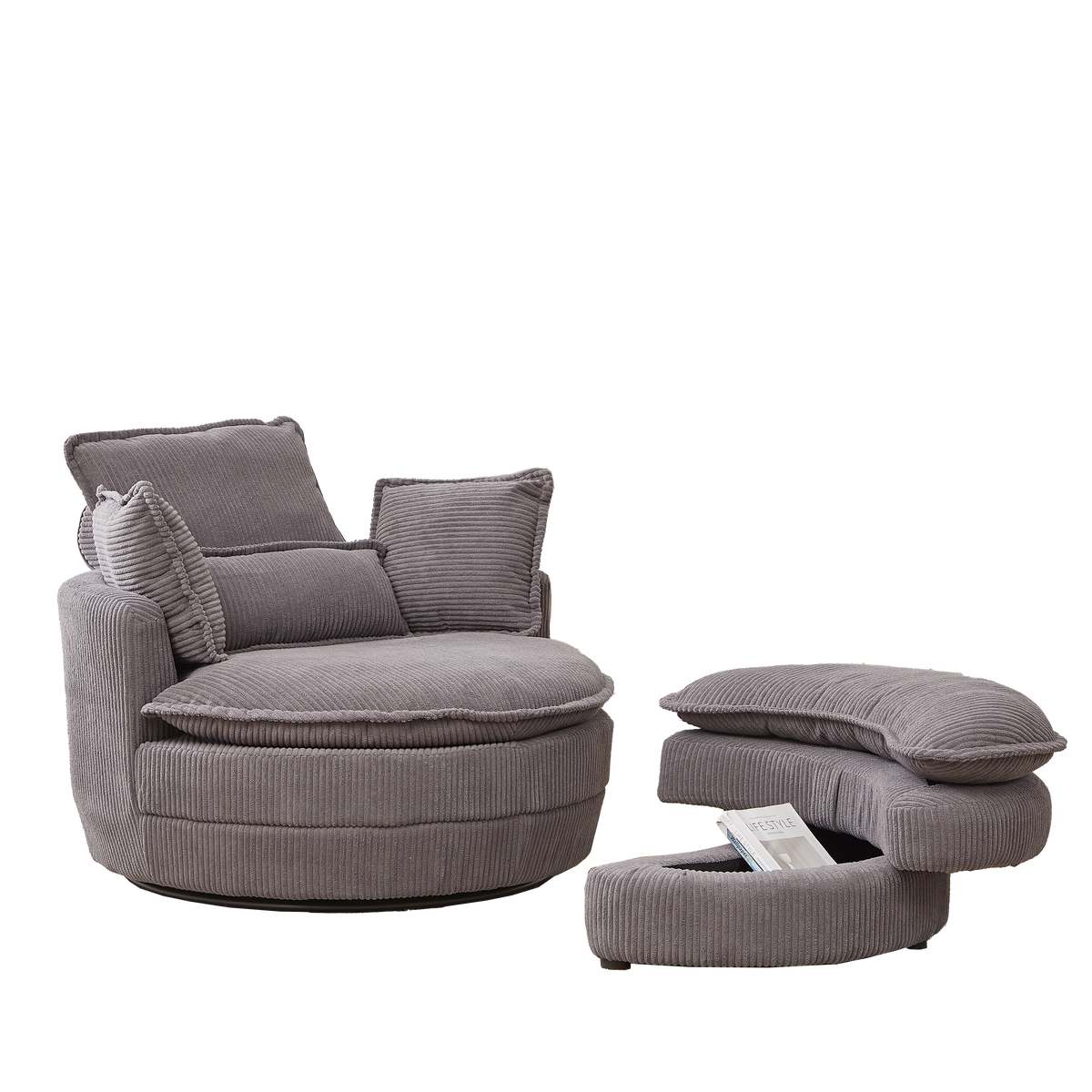 38"W Oversized Swivel Chair With Moon Storage Ottoman For Living Room, Modern Accent Round Loveseat Circle Swivel Barrel Chairs For Bedroom Cuddle Sofa Chair Lounger Armchair, 4 Pillows,Corduroy Grey Foam Corduroy