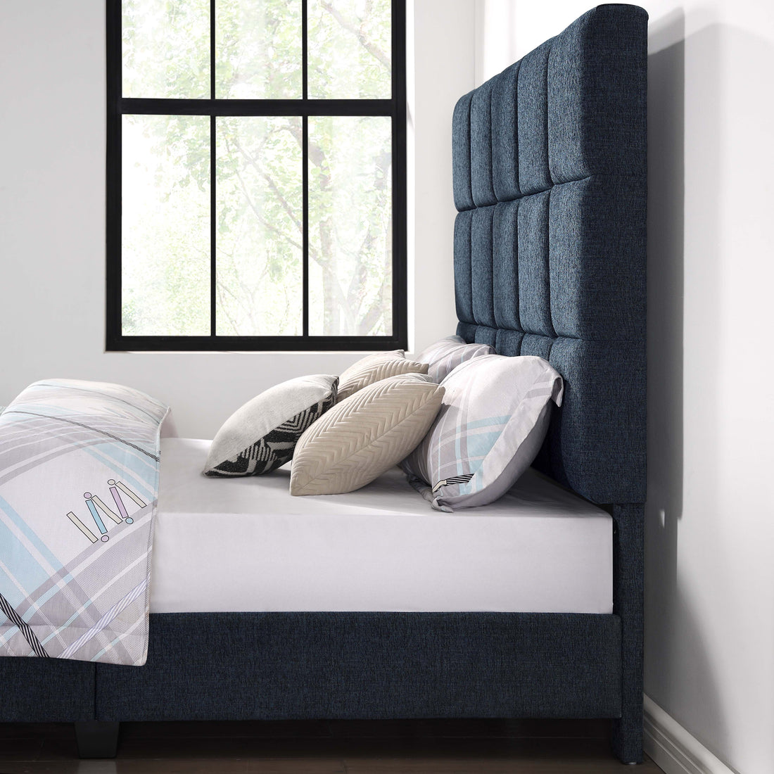 Queen Size Navy Blue Denim Squares Upholstered Platform Bed Box Spring Required Queen Blue Wood Bedroom Contemporary,Modern,Transitional Bed Frame Foam Polyester Polyester