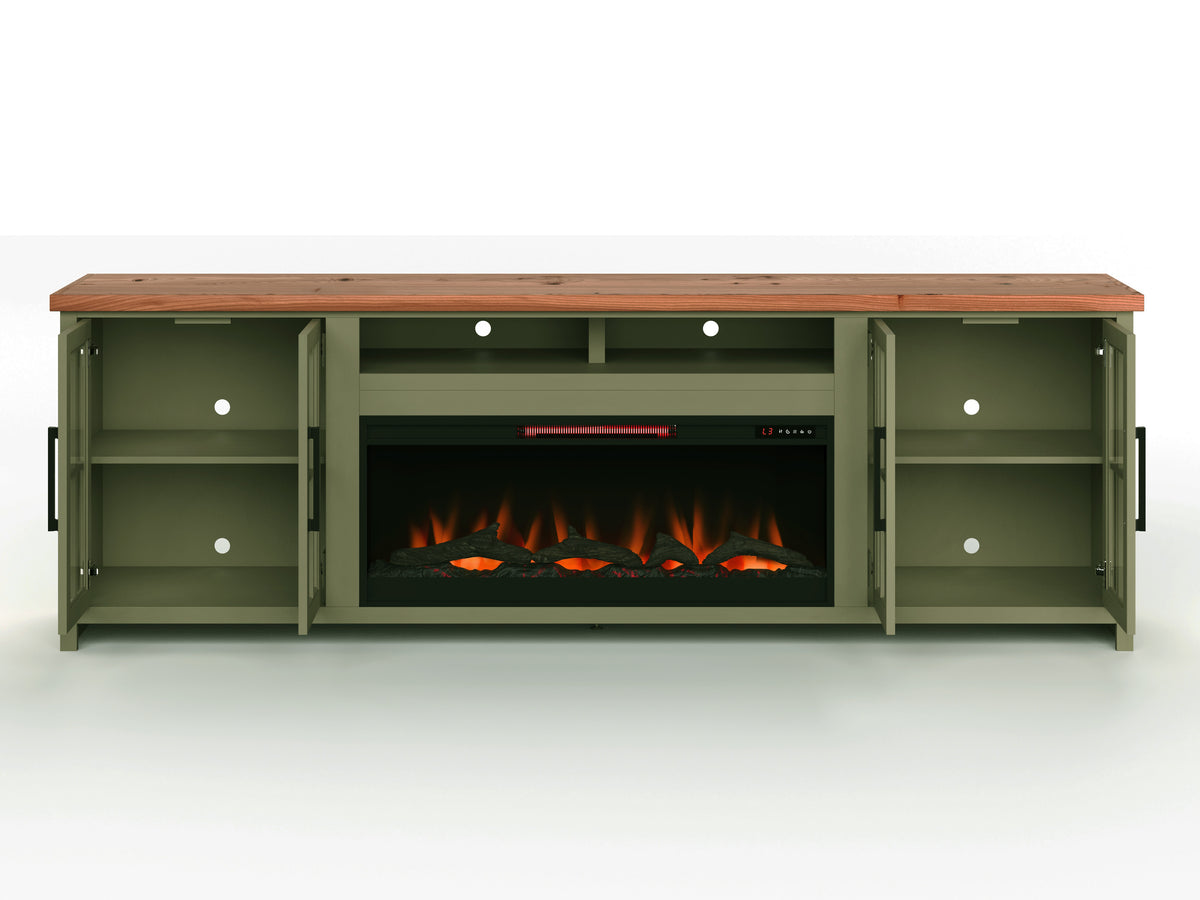 Vineyard 97 Inch Fireplace Tv Stand Console For Tvs Up To 100 Inches, Minimal Assembly, Sage Green And Fruitwood Finish 41 50 Electric No Green 400 Vent Free Primary Living Space Coastal,Farmhouse Poplar Yes Insert Wood Electric