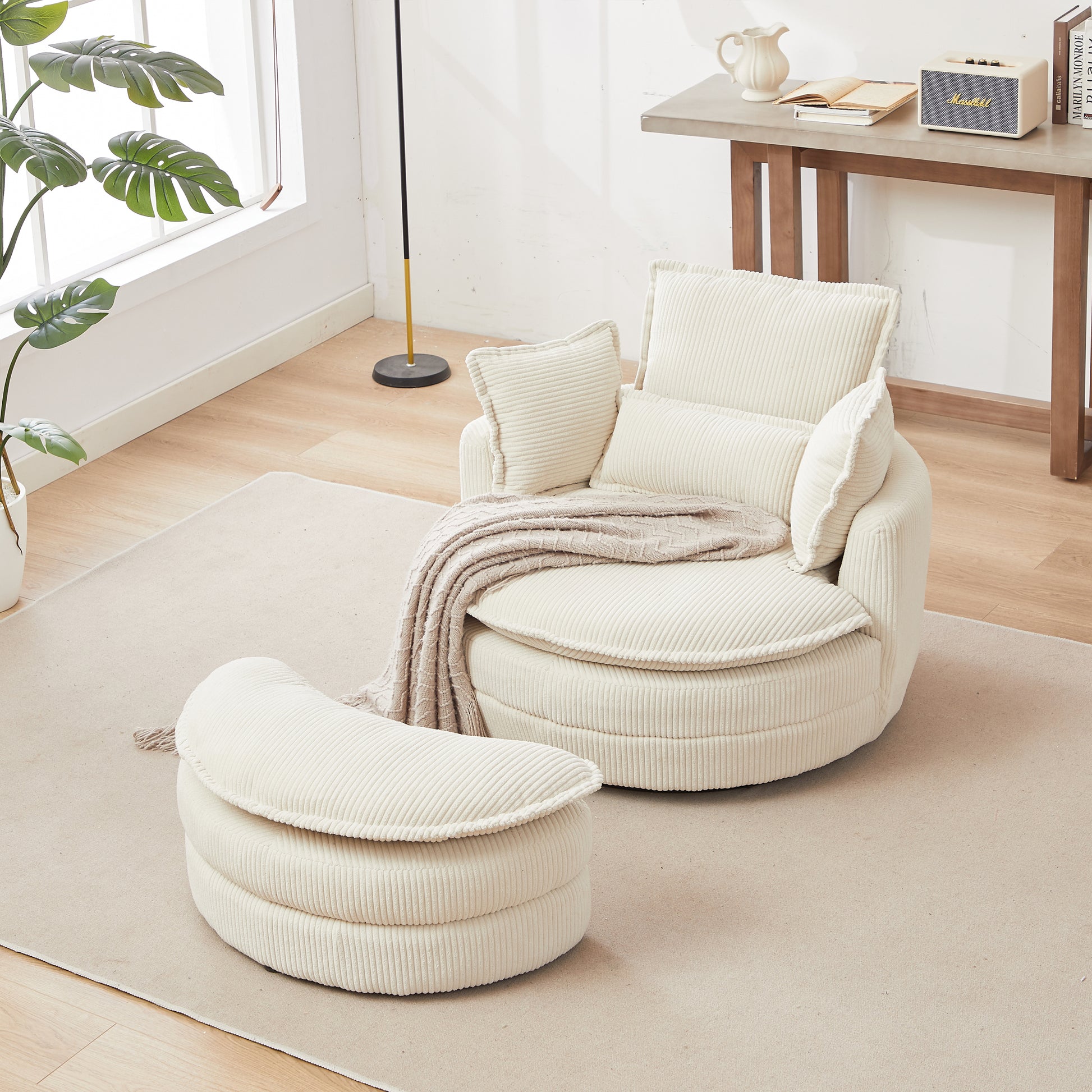 38"W Oversized Swivel Chair With Moon Storage Ottoman For Living Room, Modern Accent Round Loveseat Circle Swivel Barrel Chairs For Bedroom Cuddle Sofa Chair Lounger Armchair, 4 Pillows,Corduroy Beige Foam Corduroy