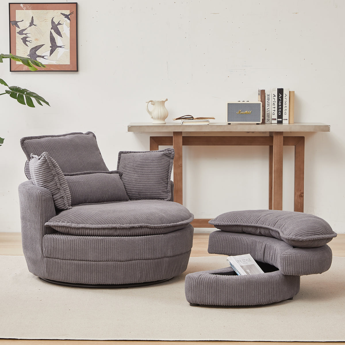 38"W Oversized Swivel Chair With Moon Storage Ottoman For Living Room, Modern Accent Round Loveseat Circle Swivel Barrel Chairs For Bedroom Cuddle Sofa Chair Lounger Armchair, 4 Pillows,Corduroy Grey Foam Corduroy