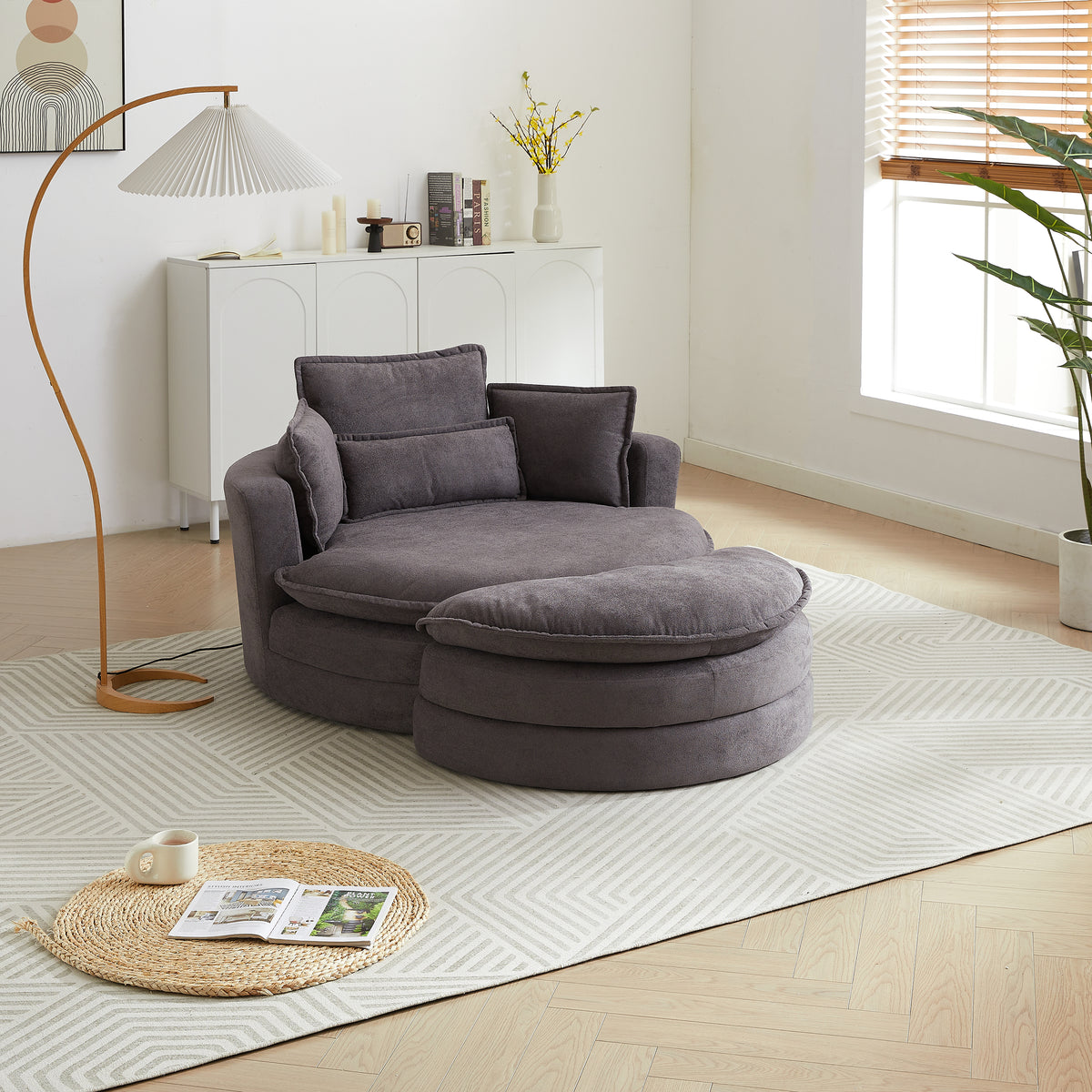 52' Swivel Accent Barrel Modern Grey Sofa Lounge Club Big Round Chair With Storage Ottoman Chenille Fabric For Living Room Hotel With 4 Pillows Grey Foam Chenille