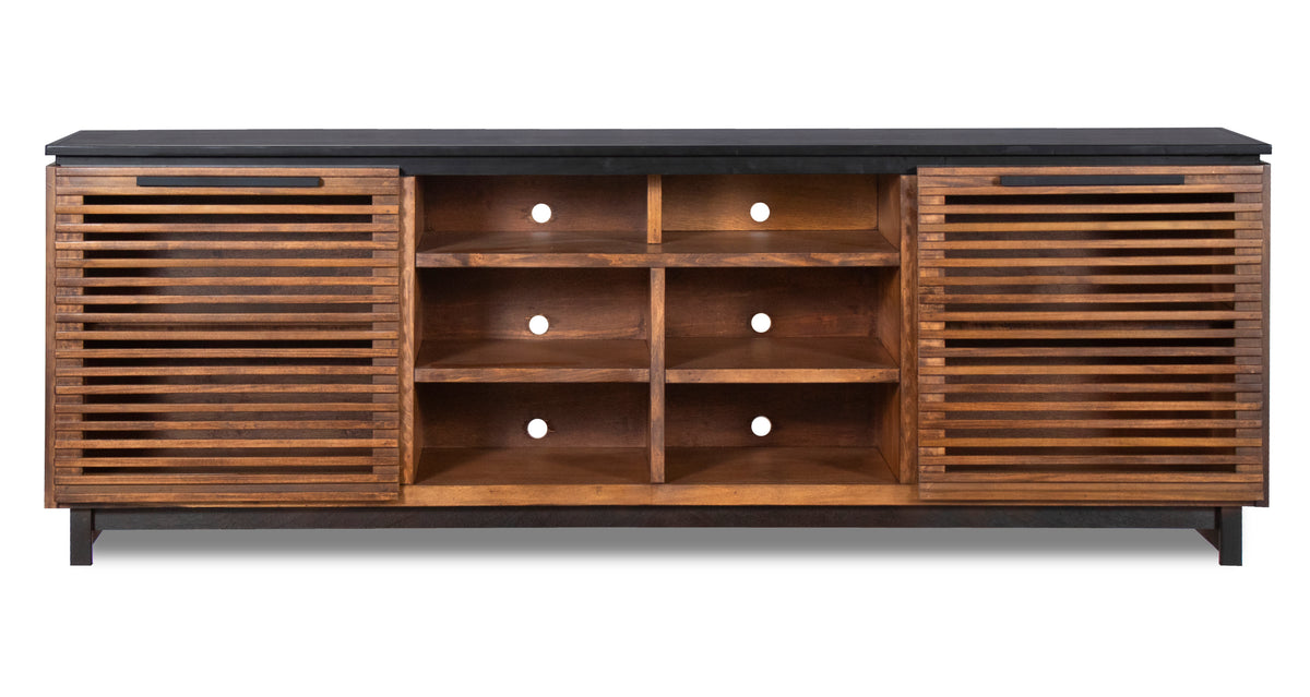 Graceland 85 Inch Tv Stand Console For Tvs Up To 95 Inches, No Assembly Required, Black With Bourbon Finish Brown Brown Primary Living Space 80 89 Inches 90 Inches Or Larger Contemporary,Modern,Scandinavian Poplar 85 Inches Wood