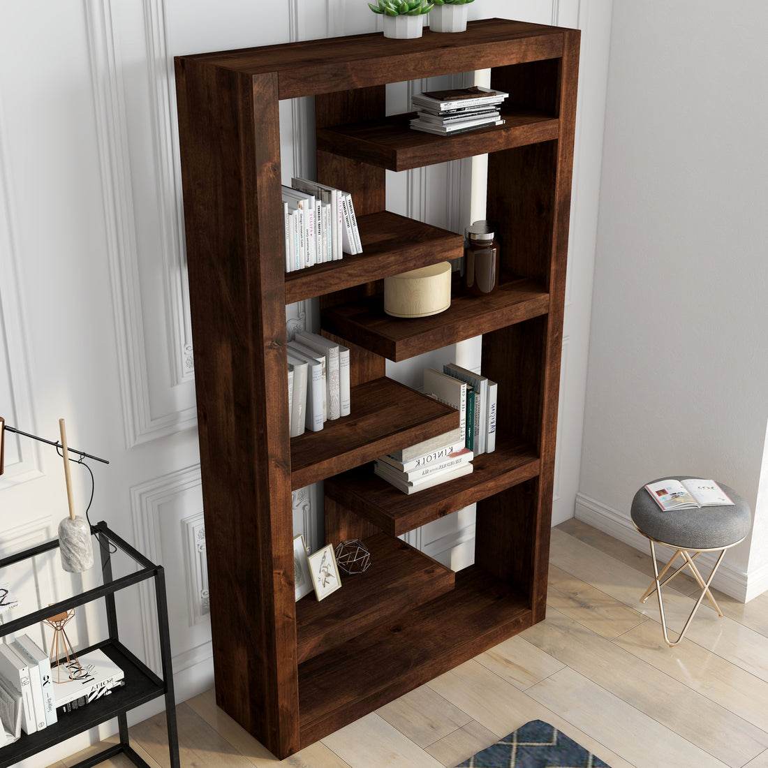 Sausalito 72 Inch High 6 Shelf Bookcase, No Assembly Required, Whiskey Finish 6 Brown Brown Standard Horizontal Office Open Back Wood Modern,Rustic Alder Wood
