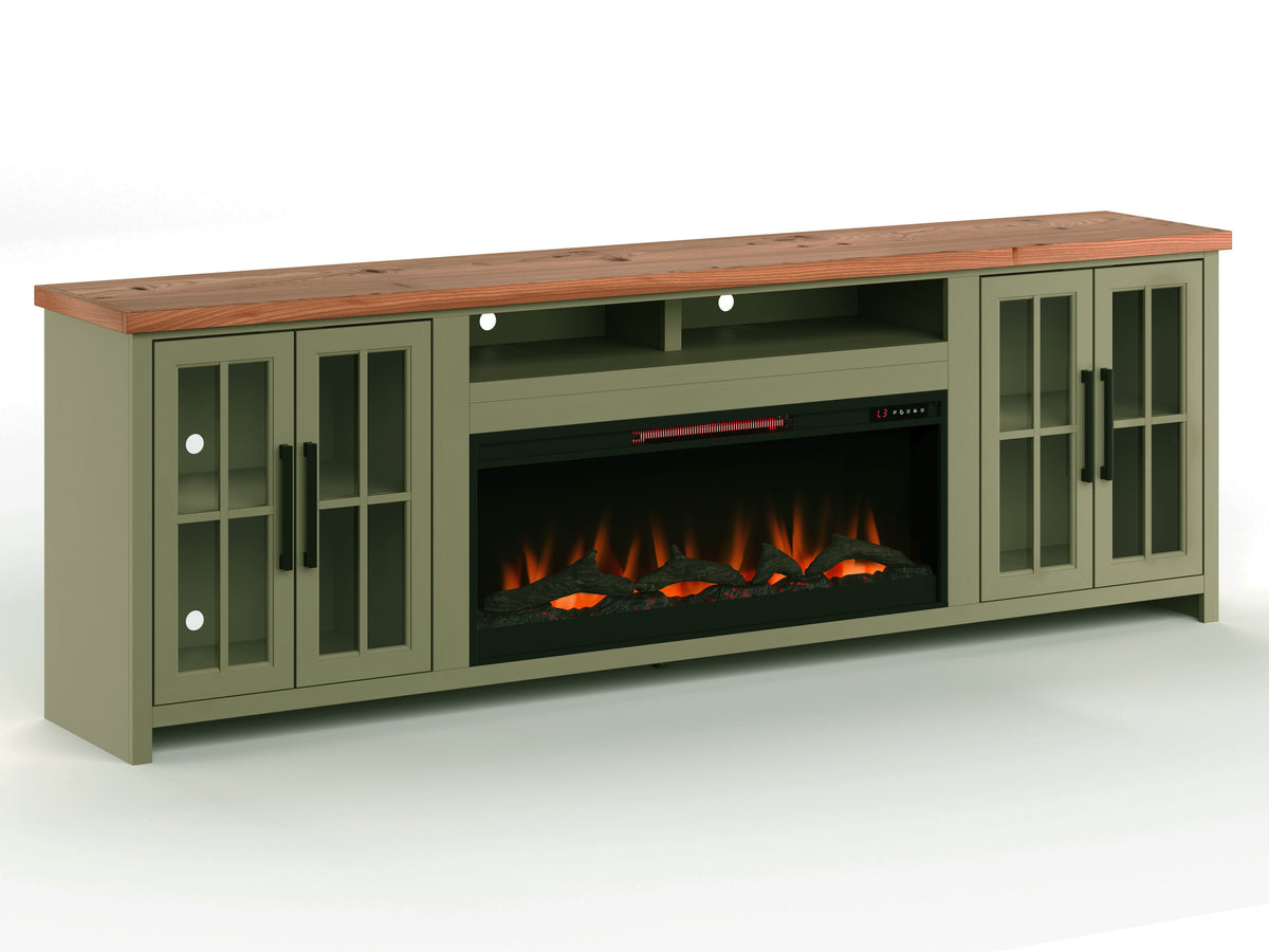 Vineyard 97 Inch Fireplace Tv Stand Console For Tvs Up To 100 Inches, Minimal Assembly, Sage Green And Fruitwood Finish 41 50 Electric No Green 400 Vent Free Primary Living Space Coastal,Farmhouse Poplar Yes Insert Wood Electric