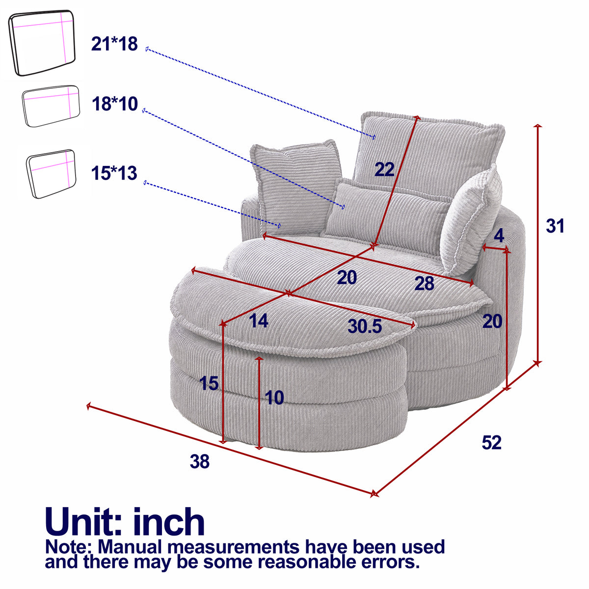 38"W Oversized Swivel Chair With Moon Storage Ottoman For Living Room, Modern Accent Round Loveseat Circle Swivel Barrel Chairs For Bedroom Cuddle Sofa Chair Lounger Armchair, 4 Pillows,Corduroy Grey Foam Corduroy