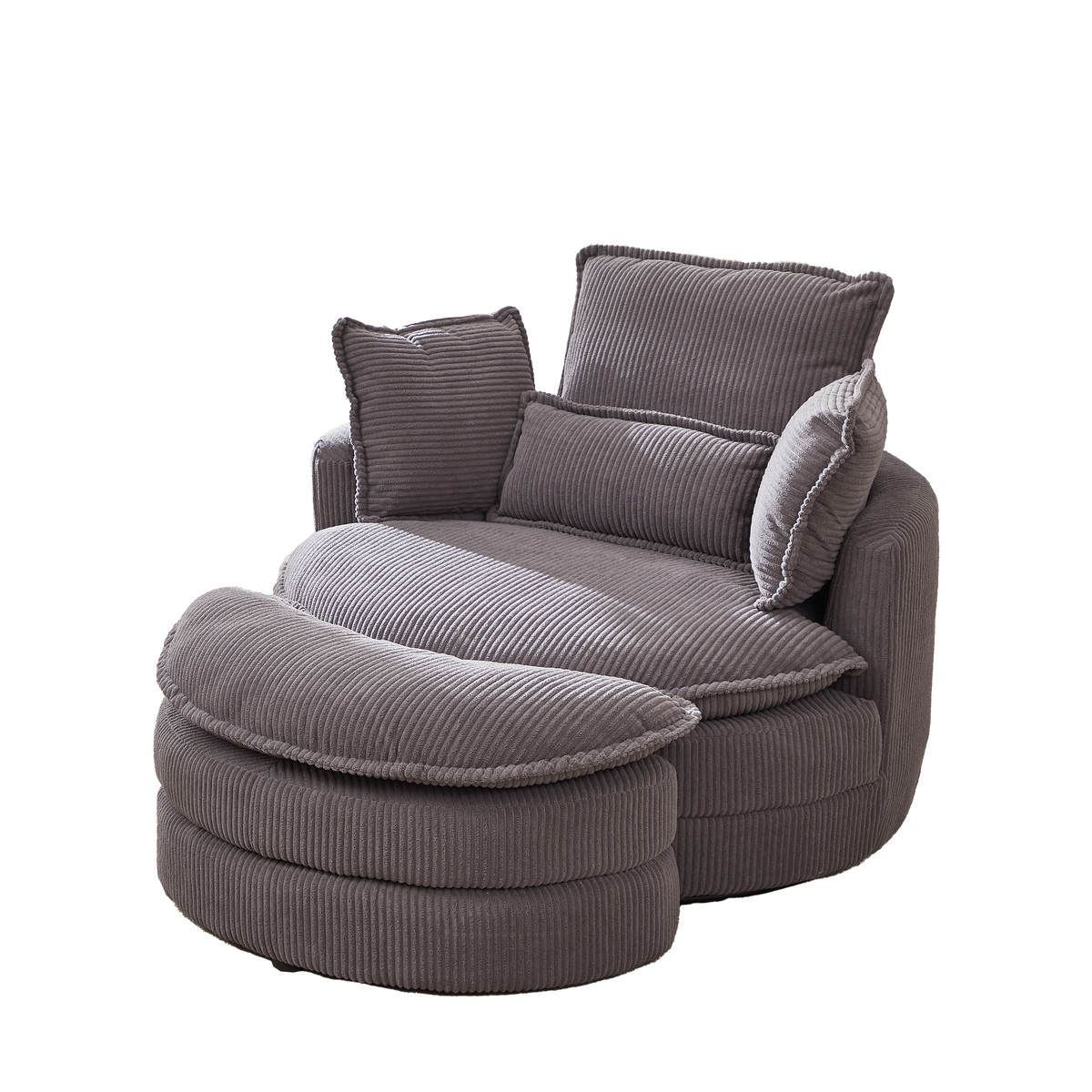38"W Oversized Swivel Chair With Moon Storage Ottoman For Living Room, Modern Accent Round Loveseat Circle Swivel Barrel Chairs For Bedroom Cuddle Sofa Chair Lounger Armchair, 4 Pillows,Corduroy Grey Foam Corduroy